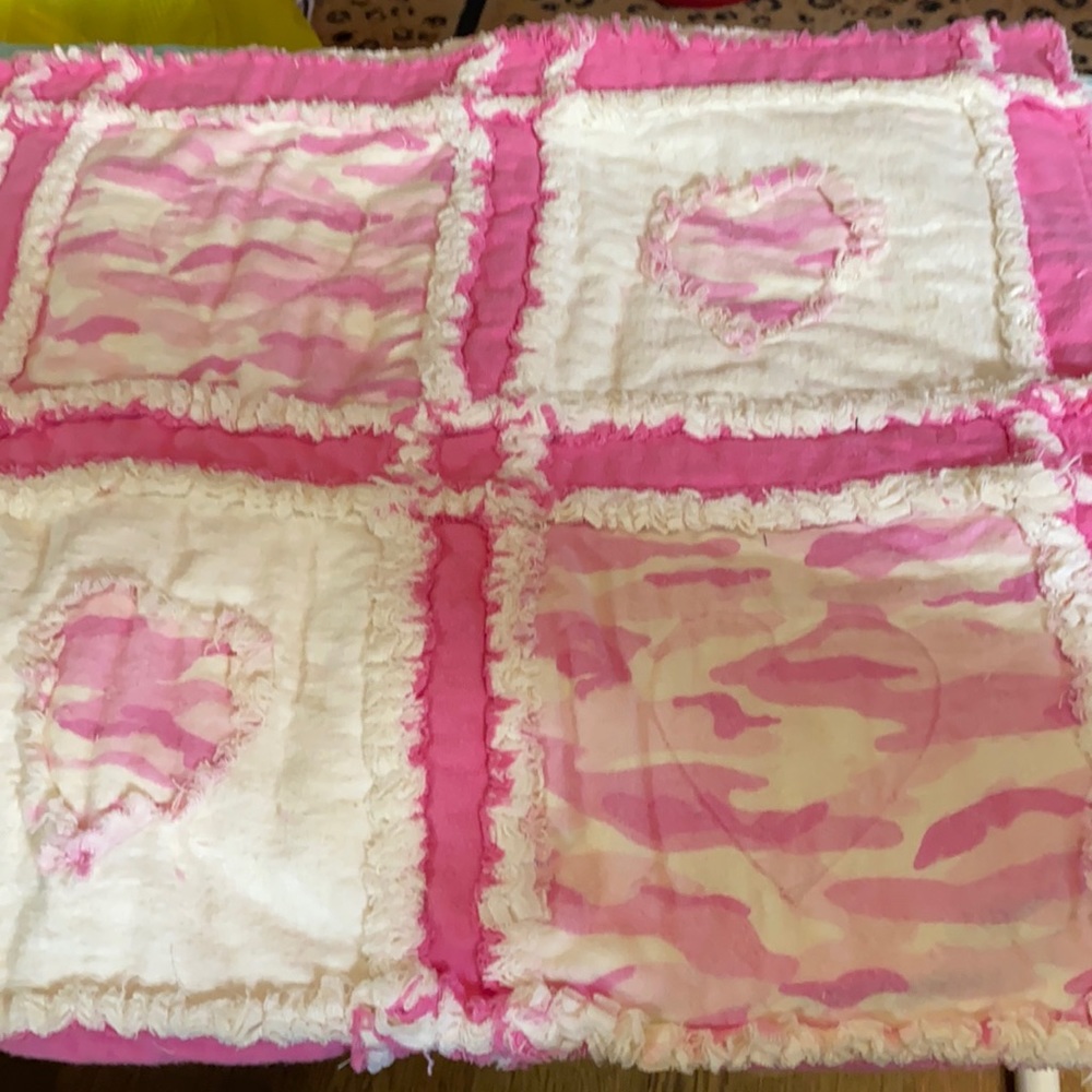 Pink camouflage & cream hearts homemade quilt 26” x 35”